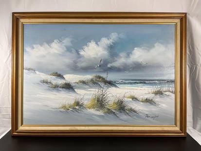 Coastal Serenity by Remington Oil on Canvas: This beautiful seascape painting captures the peacefulness of a coastal dune landscape, with soft white sands, gentle sea grasses, and a backdrop of blue skies and rolling clouds. The artist skillfull