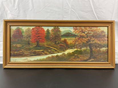 Autumn Creek Oil on Canvas by "Fergy": This panoramic landscape painting beautifully captures the charm of autumn with vibrant fall foliage, a winding creek, and distant rolling hills. The artist has skillfully blended warm and cool tones,