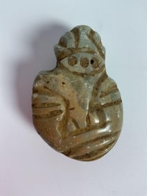Pre-Columbian Carved Stone Amulet – Seated Figure with Symbolic Markings