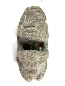 Pre-Columbian Carved Stone Sculpture – Dual Figures with Central Handle