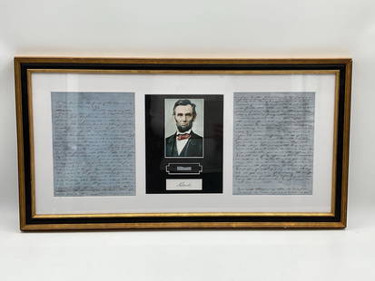 Abraham Lincoln Handwritten Document Display: Description: Framed presentation featuring two letters, a portrait of Abraham Lincoln, and a signature by Abraham Lincoln. The center of the document contains a hand written word from the original Abr