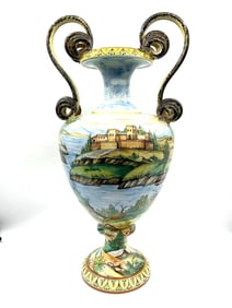 Large Italian Majolica Vase with Scenic Landscape