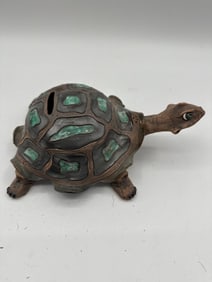 Ceramic Tortoise Coin Bank with Green Inlays