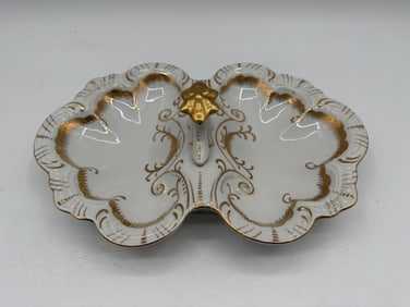 Vintage Porcelain Divided Dish with Gold Rose Handle