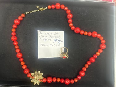 Barse Red Coral Beaded Necklace with Floral Pendant and Matching Ring