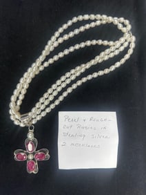 Pearl and Rough-Cut Ruby Cross Pendant Necklace Set in Sterling Silver