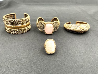 Barse Bronze Cuff Bracelets and Ring Set with Rose Quartz