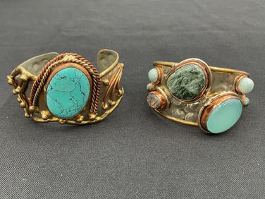 Mixed Metal Cuff Bracelets with Turquoise and Colored Stones