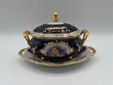 Cobalt Blue and Gold Limoges Porcelain Covered Tureen with Tray