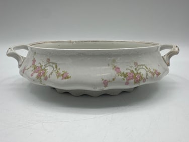 Antique Floral Ceramic Serving Bowl with Handles