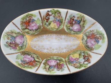 Romantic Courting Scene Compote Dish with Gilt Trim