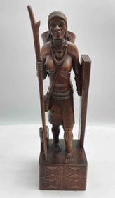 Hand-Carved African Tribal Woman with Shield and Staff