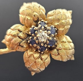 14K Yellow Gold Textured Floral Pin with Sapphires and Diamond