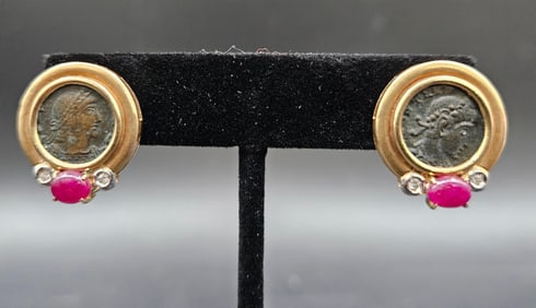 14K Yellow Gold Earrings with a coin, Rubies and Diamonds