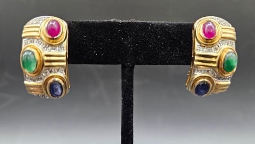 14K Yellow Gold Multi-Gemstone & Diamond Omega Back Earrings