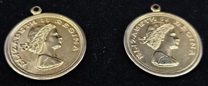 Pair of 18K Yellow Gold Queen Elizabeth II Coin Pendants