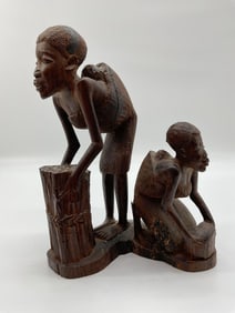 African Hand-Carved Sculpture of Women at Work