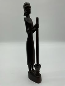 African Hand-Carved Sculpture of Woman Grinding Grain