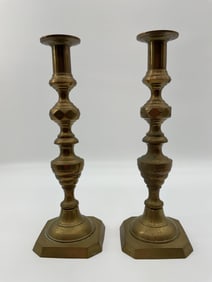 Pair of Vintage Brass Hexagonal Base Candlesticks