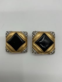 Vintage Black and Gold Rhinestone Clip-On Earrings