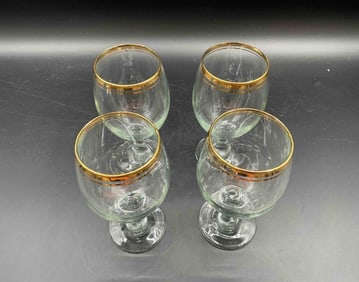 Set of 4 Footed Glass Goblets with Gold Rim