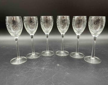 Set of 6 Etched Glass Cordials with Grape and Vine Motif