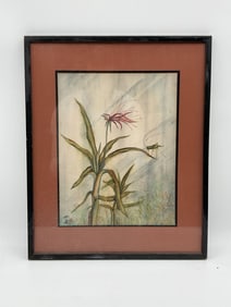 Asian Botanical Illustration with Grasshopper