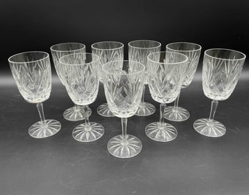 Set of 9 Cut Crystal Wine Glasses with Starburst Pattern