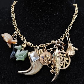 14kt Gold Charm Necklace with Jade, Coral, Enamel, and Opal Charms