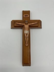 Vintage Wooden Wall Crucifix with Carved INRI and Painted Corpus