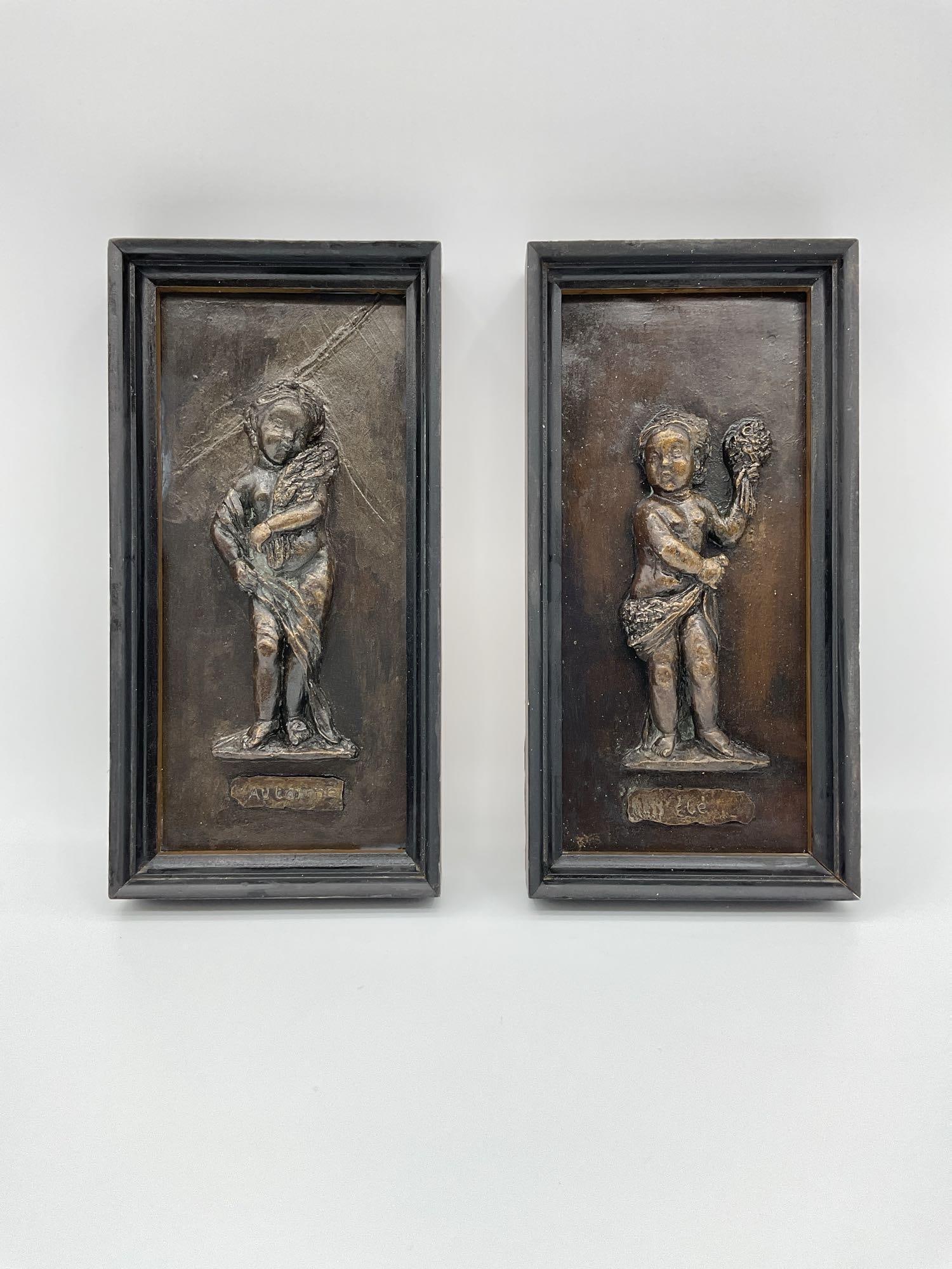Pair of Framed Seasonal Cherub Relief Plaques – "Automne" and "Ete" (1 of 4)