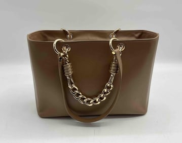 Henri Bendel Taupe Leather Tote with Gold Chain Handles
