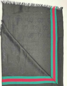 Gucci Black GG Monogram Wool Scarf with Web Stripe