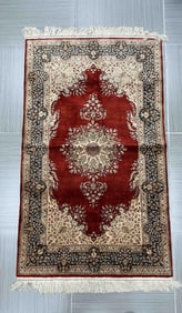 Red Persian Style Velvet Rug with Floral Medallion and Fringe
