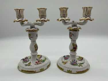 Herend Hungary Hand-Painted Porcelain Candlestick Set in Queen Victoria Pattern