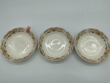 Set of Floral Rimmed Scalloped Bowls with Gold Trim