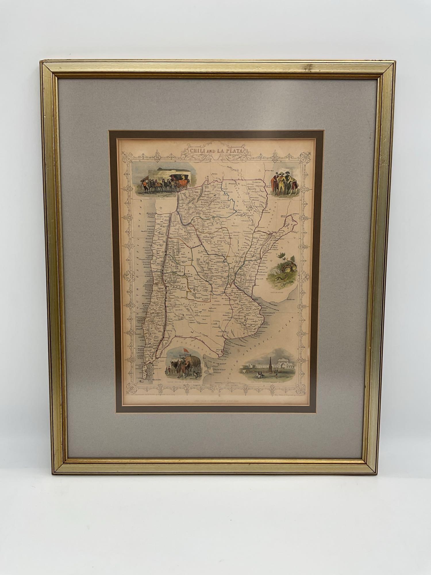 Antique Map of Chile by John Tallis (England, 1817-1876): Description: Decorative and detailed map showing what is now northern Argentina and central Chile. The span of the map stretches from the Salta Province in Argentina to the Araucania Province in Chile