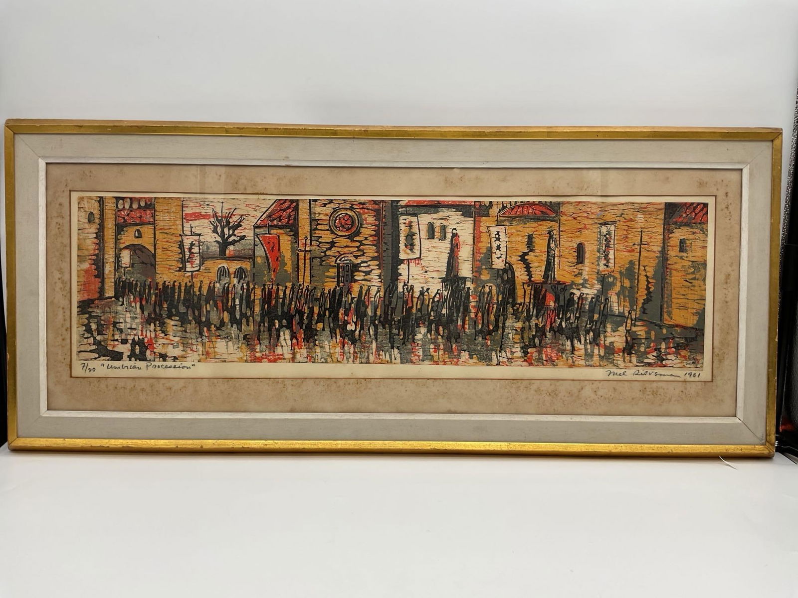 "Umbrian Procession" by Mel Silverman (American,1931-1966) Woodcut (1 of 4)