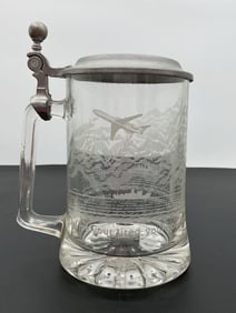 Vintage Etched Glass Beer Stein with Pewter Lid – 100th Anniversary Statue of Liberty