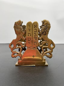 Vintage Brass Judaica Wall Plaque with Ten Commandments and Lions of Judah - Made in Israel