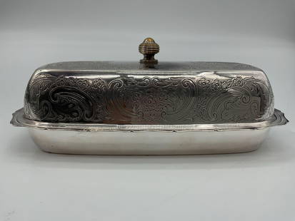 Vintage Silver-Plated Covered Butter Dish by Mappin & Webb, Paris: This is a vintage silver-plated butter dish with an ornate engraved floral and scroll design covering the lid and tray. It features a domed cover with a decorative finial handle and a scalloped-edge b