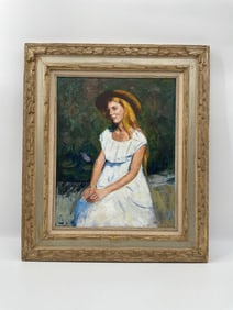 Seated Girl in White Dress by Thomas Strickland (American, 1932 - 1999) Oil on Canvas