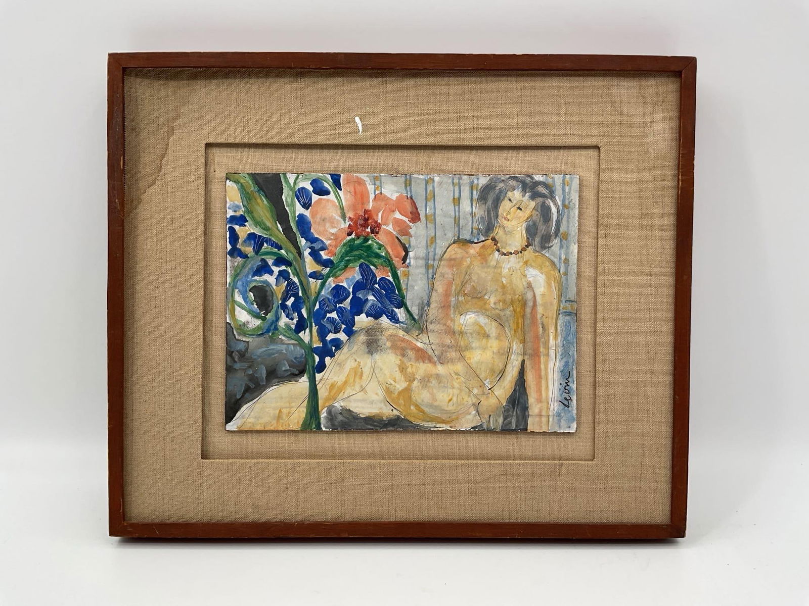 Reclining Nude by Joseph Levin (Russia, 1894-1979) Mixed Media: Description: This expressive painting by Russian born NYC artist Joseph Levin depicts a reclining nude woman positioned in front of a vivid and oversized floral backdrop. The bold blue and orange flow