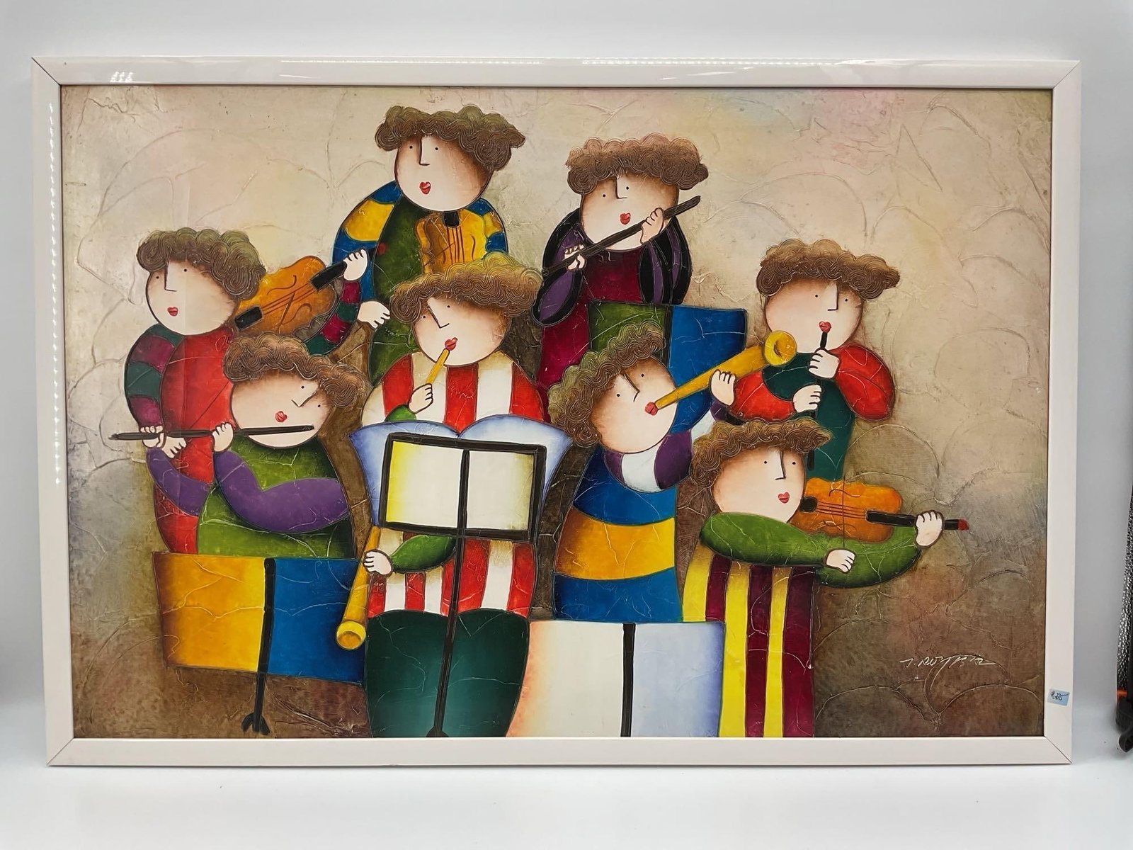 Joyce Roybal Oil on Canvas: A whimsical and colorful depiction of a childlike orchestra, each figure uniquely styled with curly hair and vibrant patterned outfits, playing various wind and string instruments. The artist captures