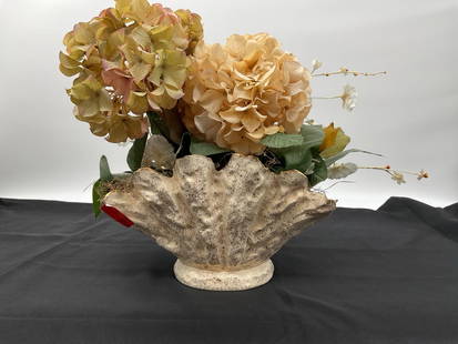 Vintage Speckled Ceramic Shell Shaped Floral Planter, by Hedi Schoop: Vintage ceramic planter in a shell or fan like shape, finished in a cream glaze with gold speckling and gilt-accented edges. Often paired with floral arrangements and decor from the 1920s or1930s, thi