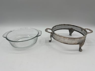 Glass Baking Dish with Ornate Silverplate Stand