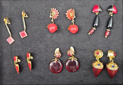 Vintage Red and Gold-Tone Clip-On Earrings Collection – 6 Pairs