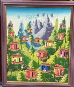 Jungle Village Scene by Moise (Haitian)