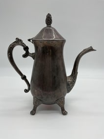 Antique Silverplate Coffee Pot with Floral Handle and Ornate Feet