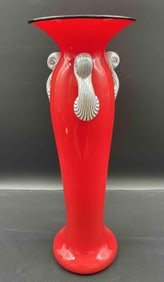 Contemporary Red Art Glass Vase with Sculpted Handles